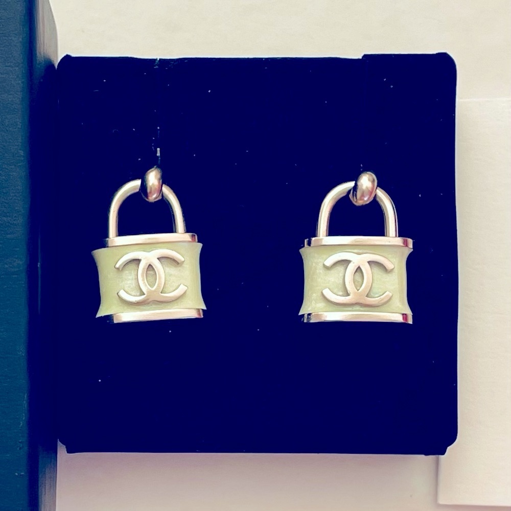 ❌SOLD❌CHANEL Padlock CC Drop Earrings Blue/Green Gold Resin Glitter - Excellent